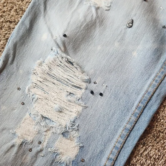 Free People | Distressed & Bedazzeled Light Blue Jeans - Picture 10 of 14